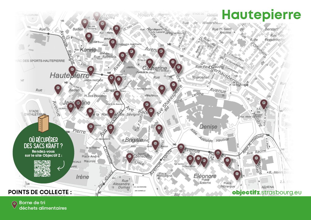 Carte des emplacements des bornes de tri des biodéchets dans le quartier de Hautepierre